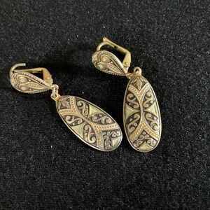 Damascene Gold-Tone and Black Clip-On Oval Dangle Earrings
